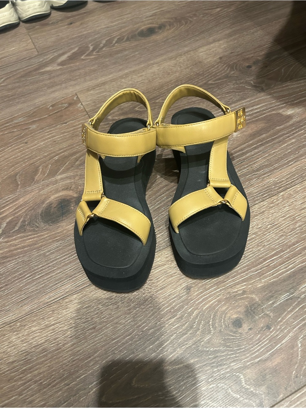 Tory Burch Mustard Yellow Leather Sport Sandals with Black Footbed